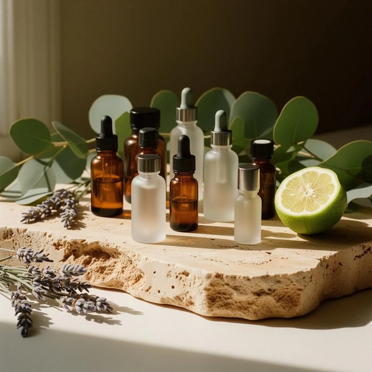 Bottles of organic aromatherapy oil and a sprig of greenery on a tray at Organic Day Spa in Palo Alto