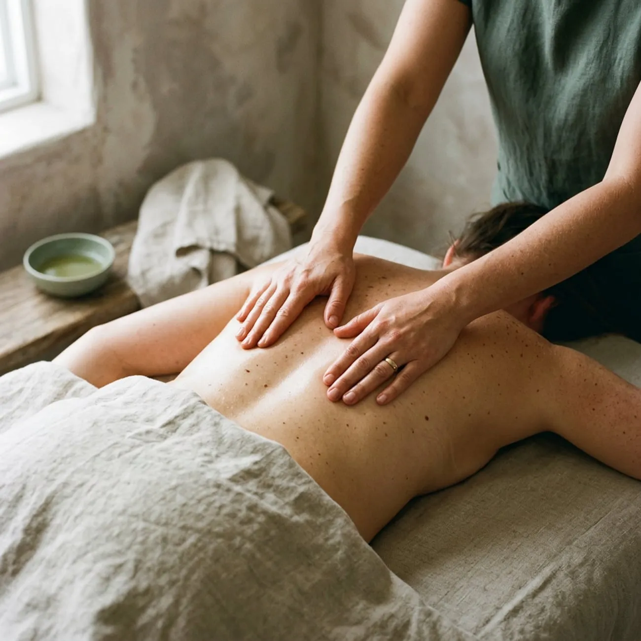 Therapist working along a guest's lower back during a massage at Organic Day Spa in Palo Alto