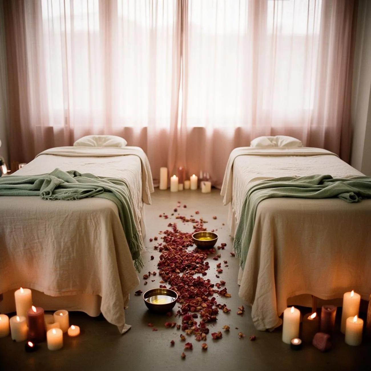 Two tables made up side by side in the couples room at Organic Day Spa, lamps turned low.