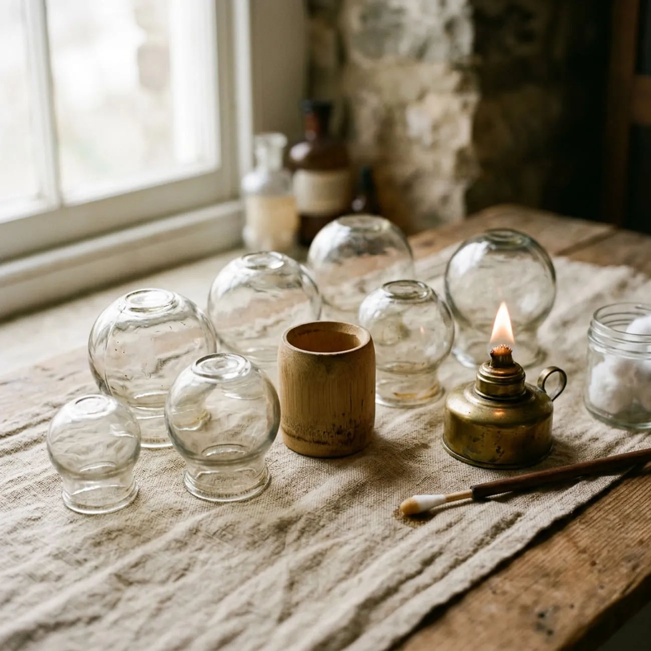 Glass cupping cups lined up on folded linen in a treatment room at Organic Day Spa, Palo Alto