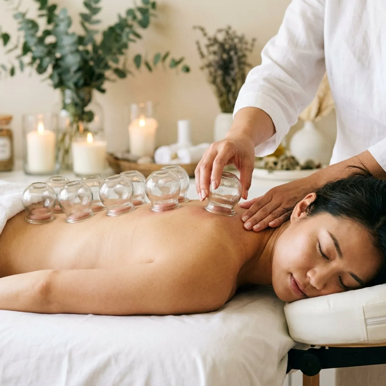Suction cups placed in a row along a guest's back during a massage at Organic Day Spa in Palo Alto