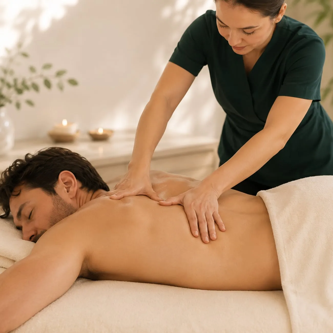 Forearm pressure along the upper back during a deep tissue massage at Organic Day Spa in Palo Alto