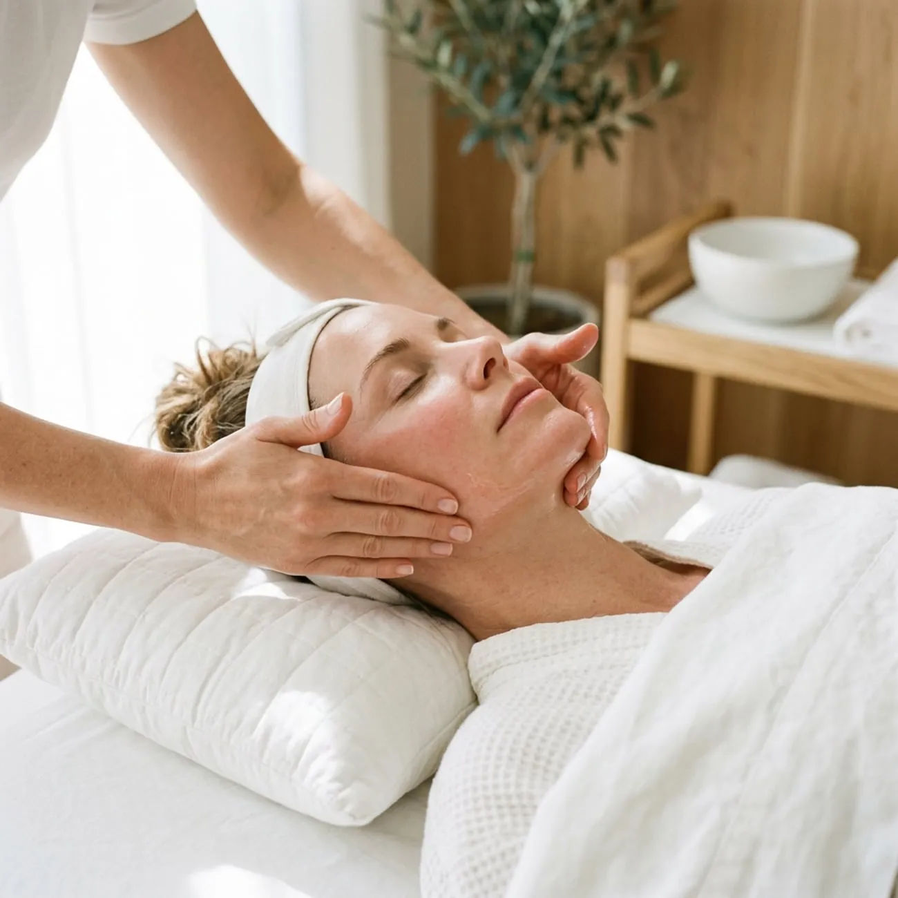 Light upward strokes along the cheekbone during a lymphatic facial massage at Organic Day Spa in Palo Alto.
