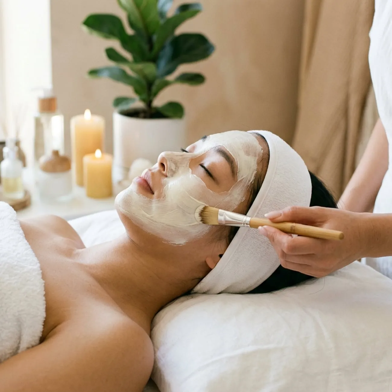 A guest resting with eyes closed at the end of a facial treatment at Organic Day Spa.