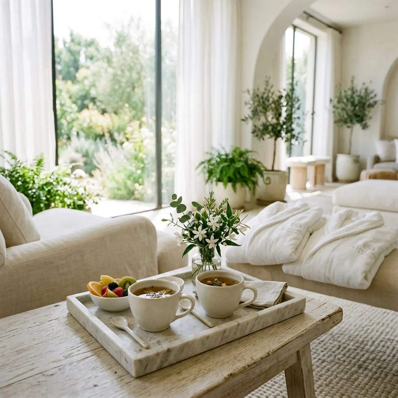 Folded robe and slippers laid out for a guest at Organic Day Spa in Palo Alto