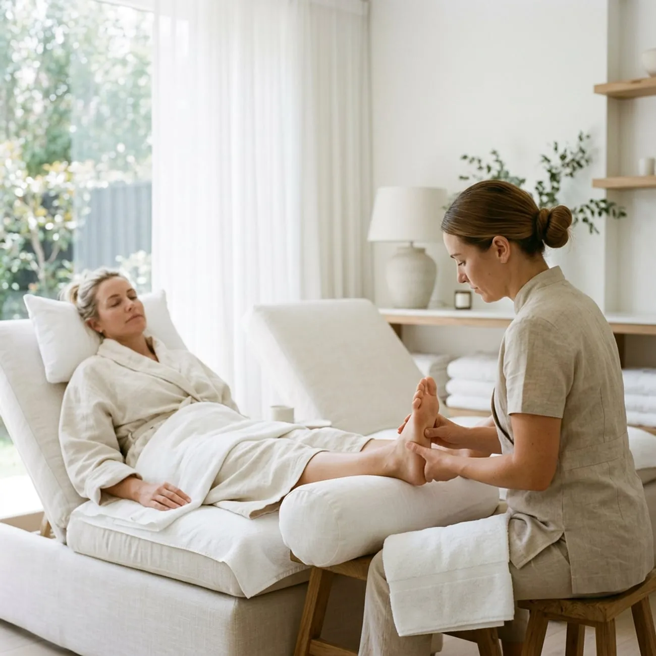 Foot reflexology with firm thumb pressure across the arch, at Organic Day Spa in Palo Alto