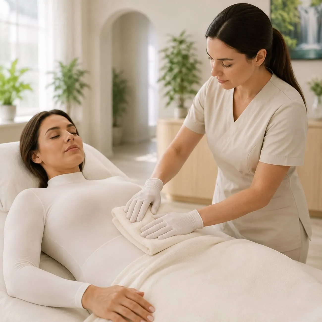 A guest lying on her side under a warm blanket during a massage at Organic Day Spa in Palo Alto