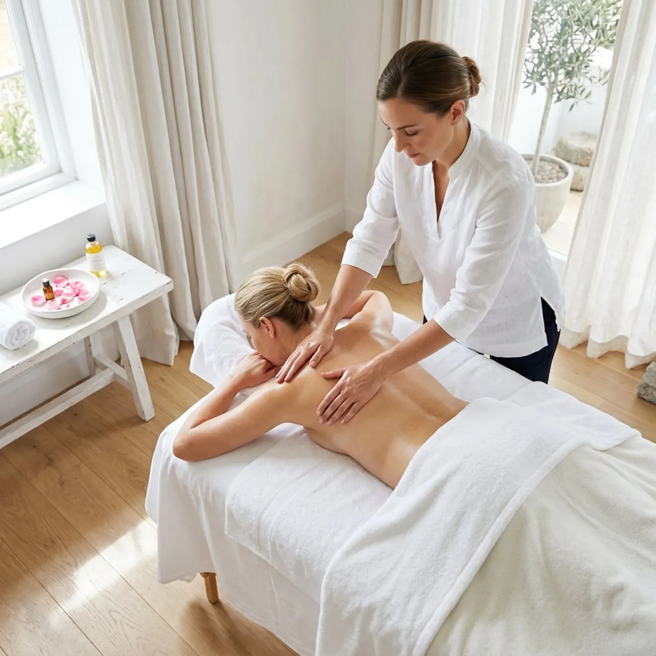 Therapist working along a guest's back with organic oil in a bright treatment room at Organic Day Spa, Palo Alto