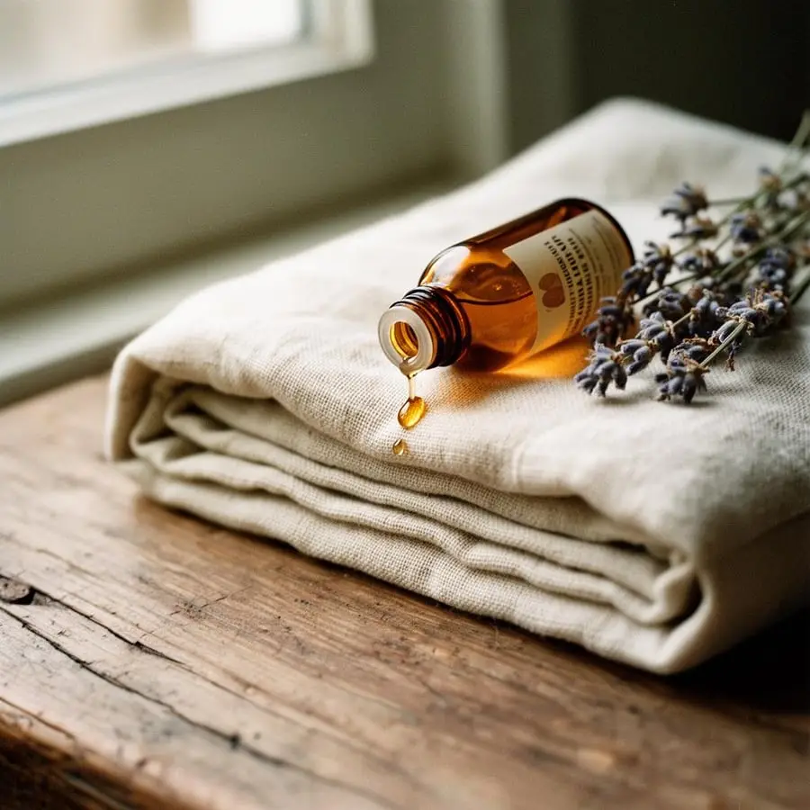Organic massage oil poured over folded linen and fresh lavender at Organic Day Spa
