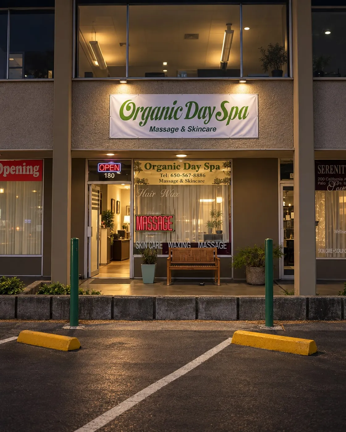 Organic Day Spa shopfront at dusk, 200 California Ave Suite 180 in Palo Alto