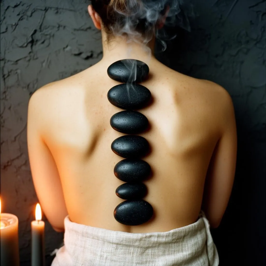 Heated stones, cupping glasses and scrub laid out beside a massage table at Organic Day Spa in Palo Alto
